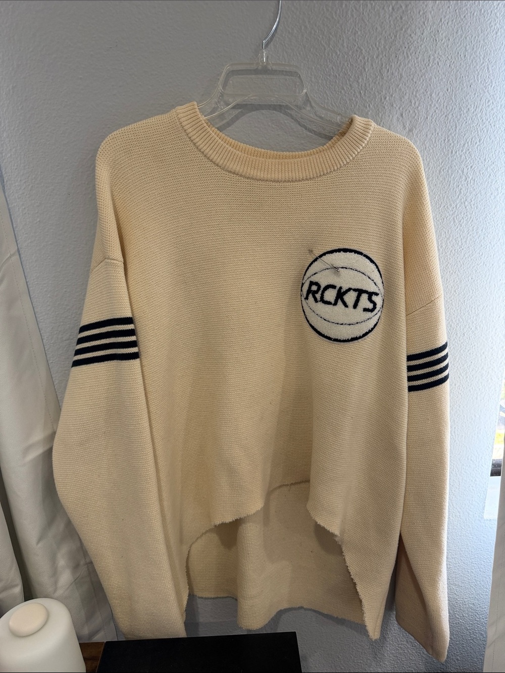 H&M Cream Crewneck Sweater with Black Sleeve Stripes and Embroidered Logo